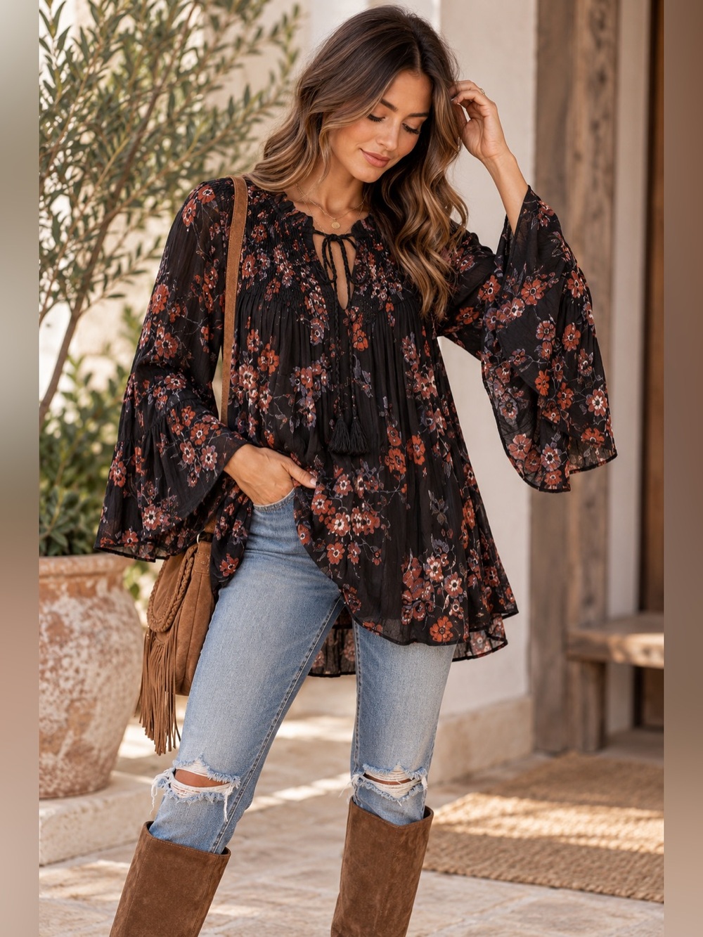 Free People So Fine Pebble Crepe Floral Smocked Tunic Top Small